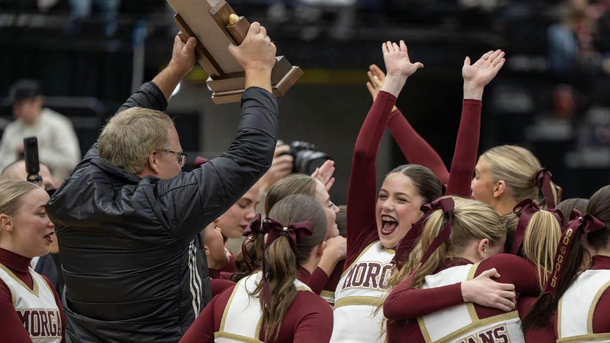 Morgan celebrates their all-girl state championship in 3A at UVU in Orem on Friday, Jan. 23, 2026.