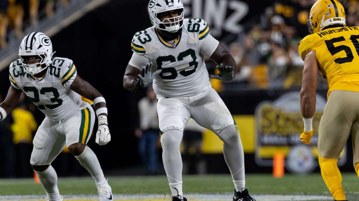FILE - Green Bay Packers offensive tackle Rasheed Walker (63) blocks during an NFL football game, Sunday, Oct. 26, 2025, in Pittsburgh.