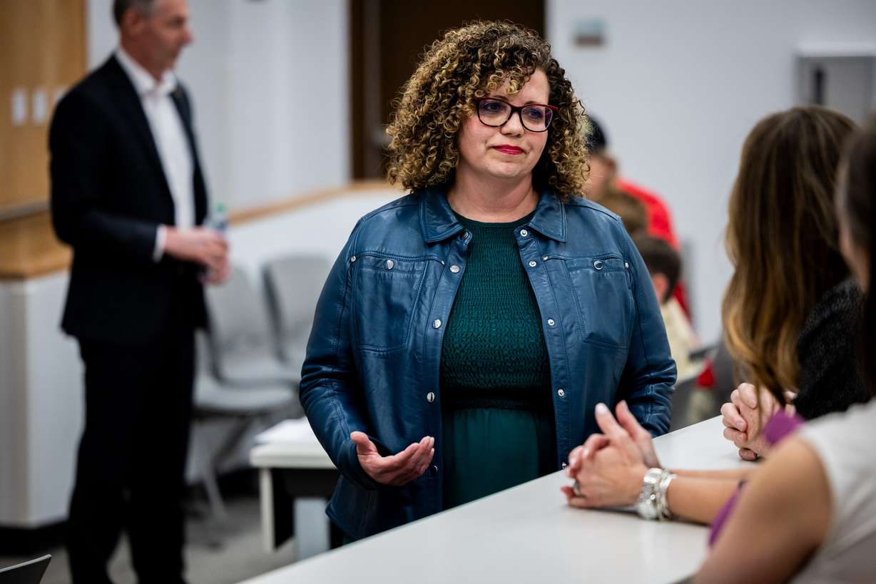 Rep. Celeste Maloy talks to attendees before a town hall at the Carolyn and Kem Gardner Commons at the University of Utah in Salt Lake City on March 20, 2025.