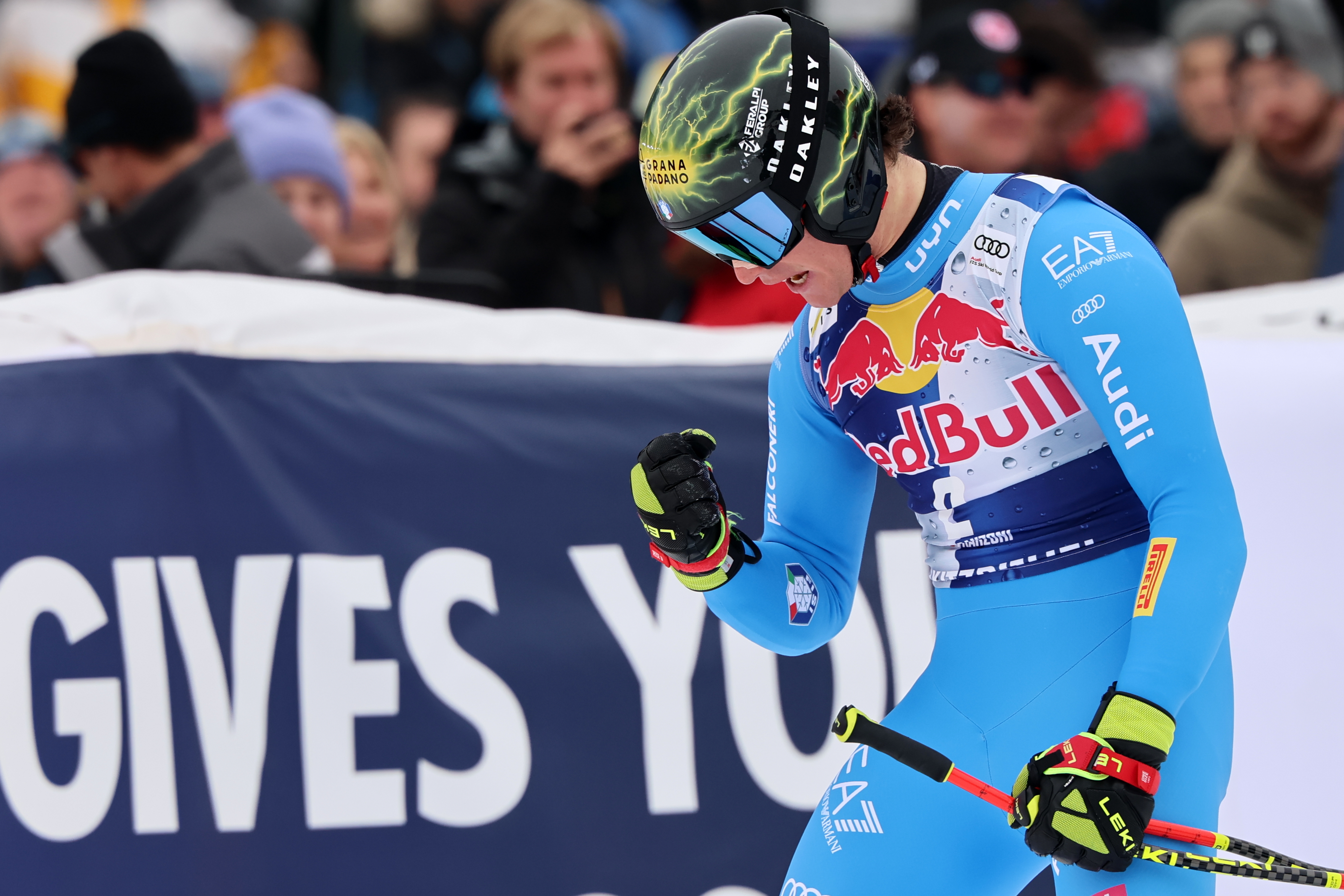 Italy's Giovanni Franzoni at the finish area of a men's alpine ski World Cup downhill, in Kitzbuehel, Austria, Saturday, Jan. 24, 2026. 