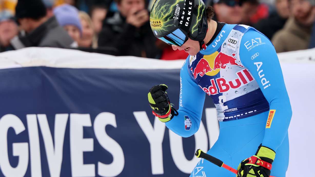Italy's Giovanni Franzoni at the finish area of a men's alpine ski World Cup downhill, in Kitzbuehel, Austria, Saturday, Jan. 24, 2026.