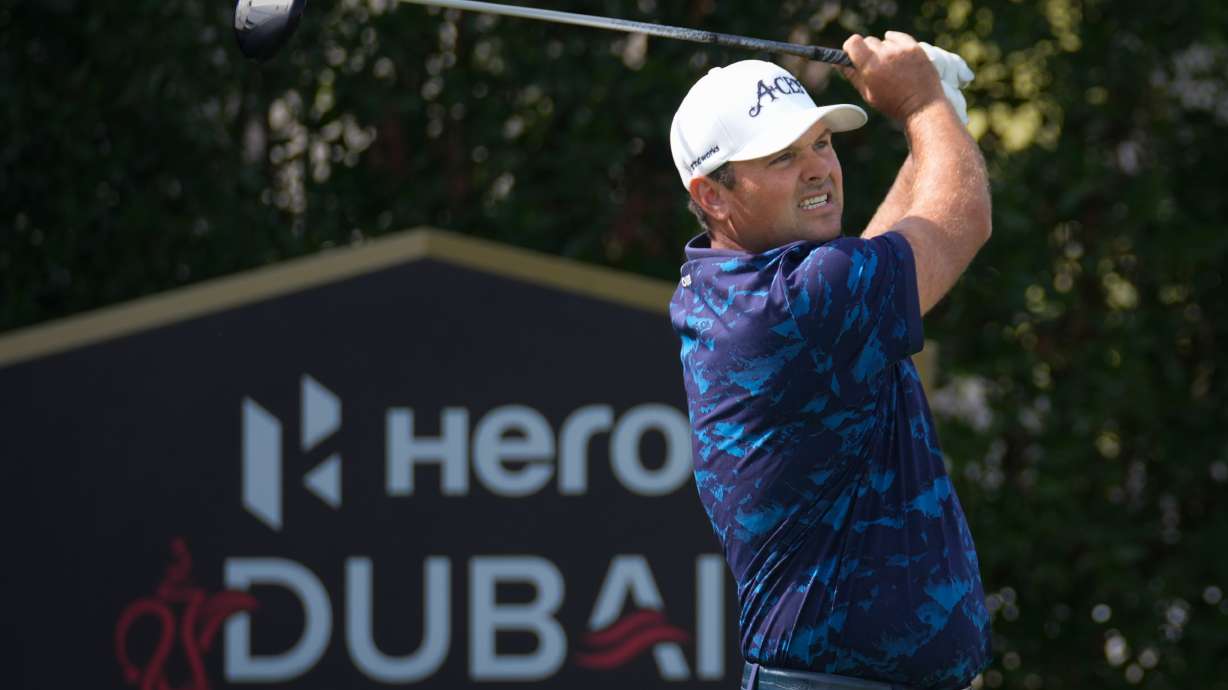 Patrick Reed of the United States tees off at 2nd hole during the third round of the Dubai Desert Classic in United Arab Emirates, Saturday, Jan. 24, 2026.