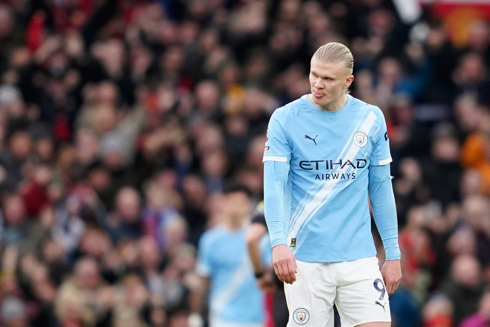 Manchester City's Erling Haaland reacts during the English Premier League soccer match between Manchester United and Manchester City in Manchester, England, Saturday, Jan. 17, 2026. 