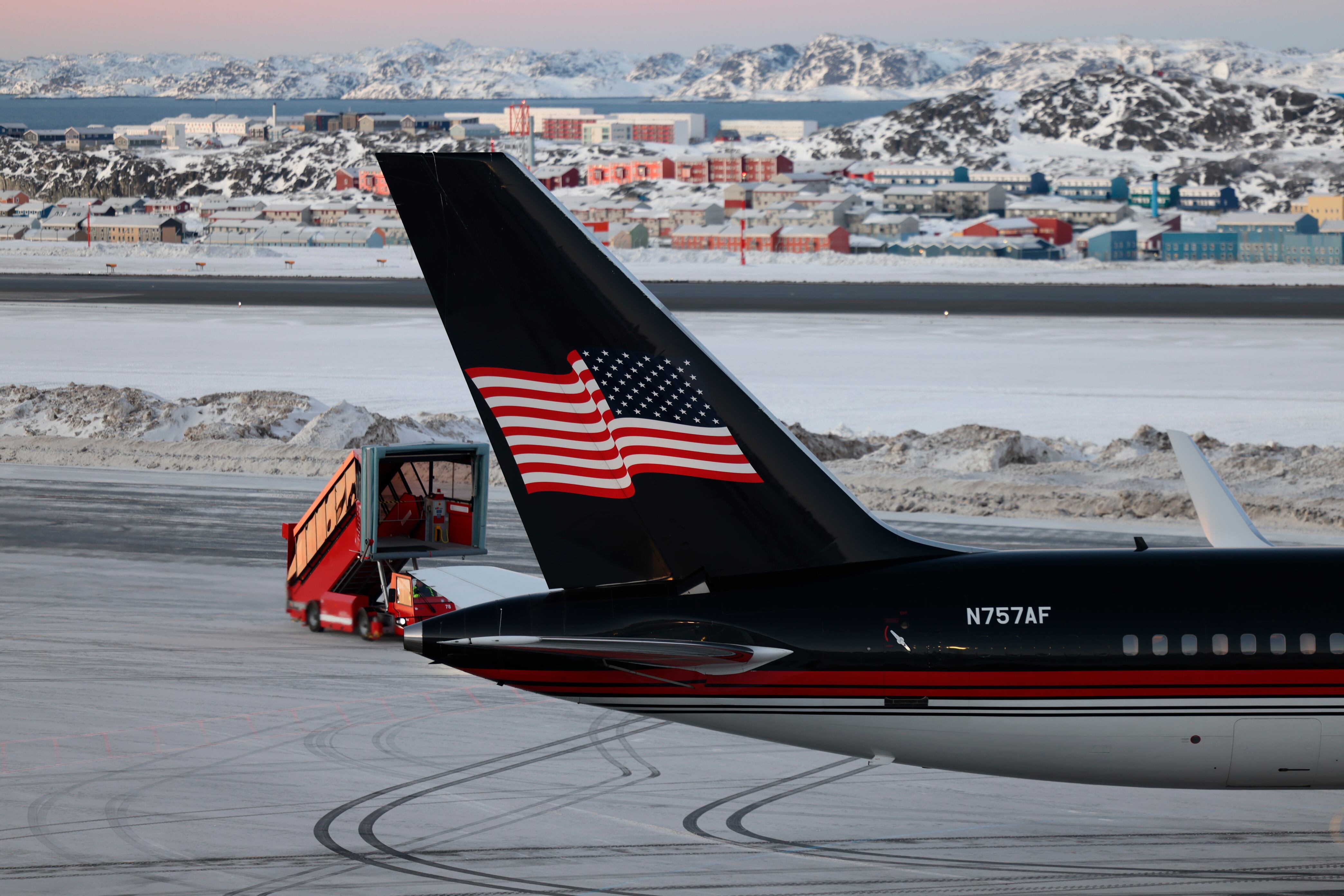 A plane carrying Donald Trump Jr. lands in Nuuk, Greenland, Jan. 7. President Donald Trump has long floated the idea of claiming the territory currently owned by NATO ally Denmark.