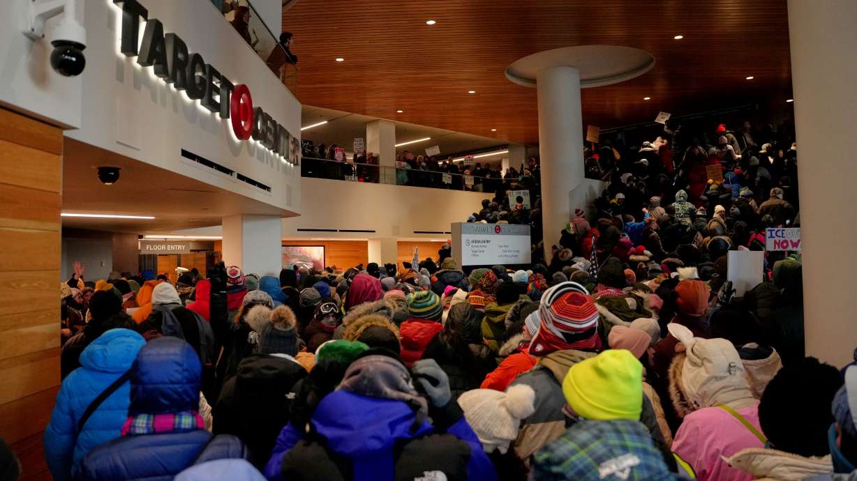 Attendees file into Target Center during a rally against federal immigration enforcement on Friday, Jan. 23, 2026, in Minneapolis.
