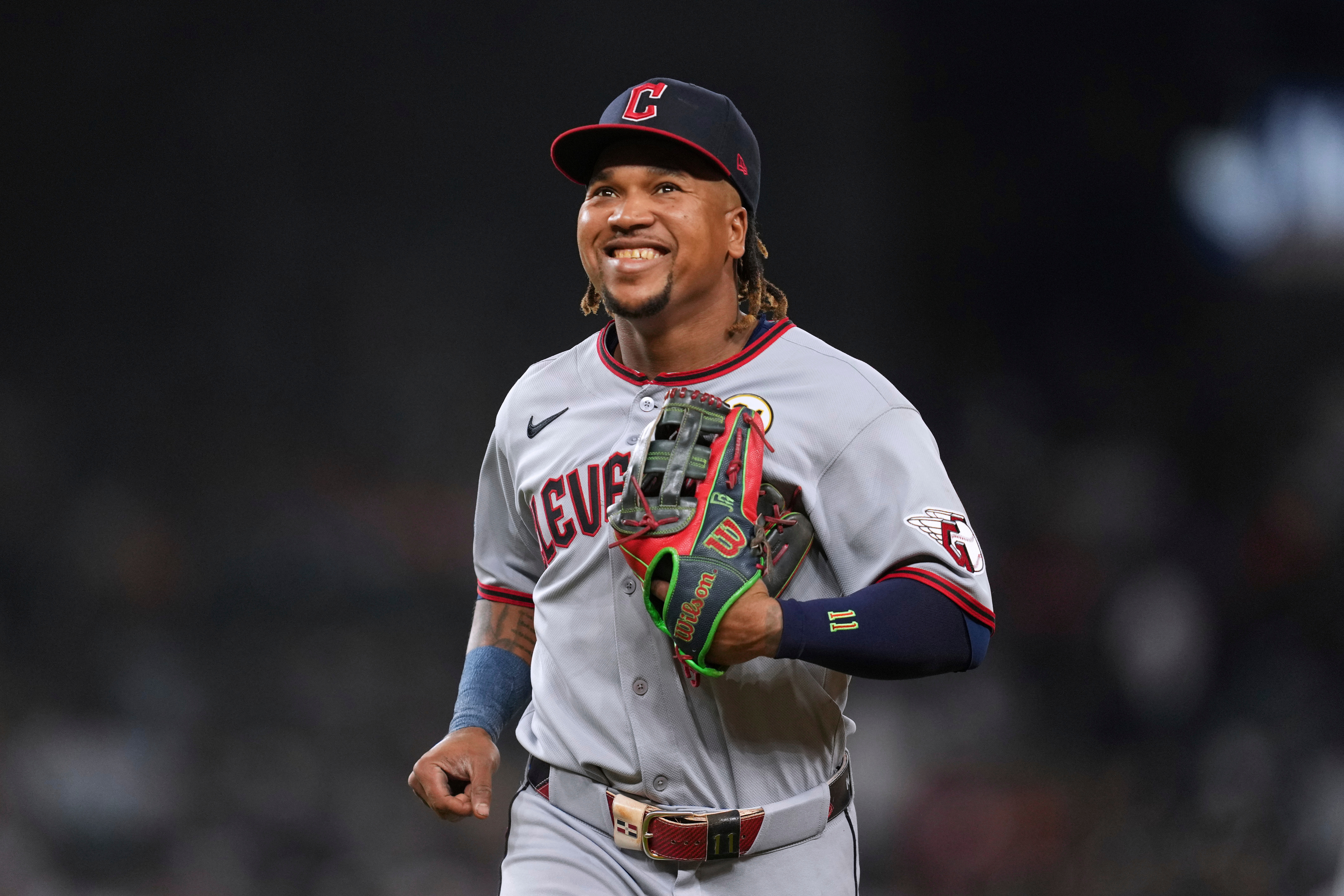 FILE - Cleveland Guardians third baseman JosÈ RamÌrez smiles against the Detroit Tigers during the fifth inning of a baseball game Tuesday, Sept. 16, 2025, in Detroit. 