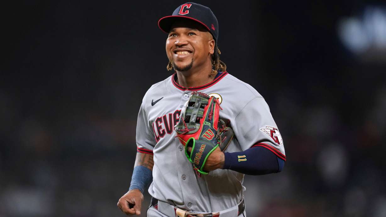 FILE - Cleveland Guardians third baseman JosÈ RamÌrez smiles against the Detroit Tigers during the fifth inning of a baseball game Tuesday, Sept. 16, 2025, in Detroit.