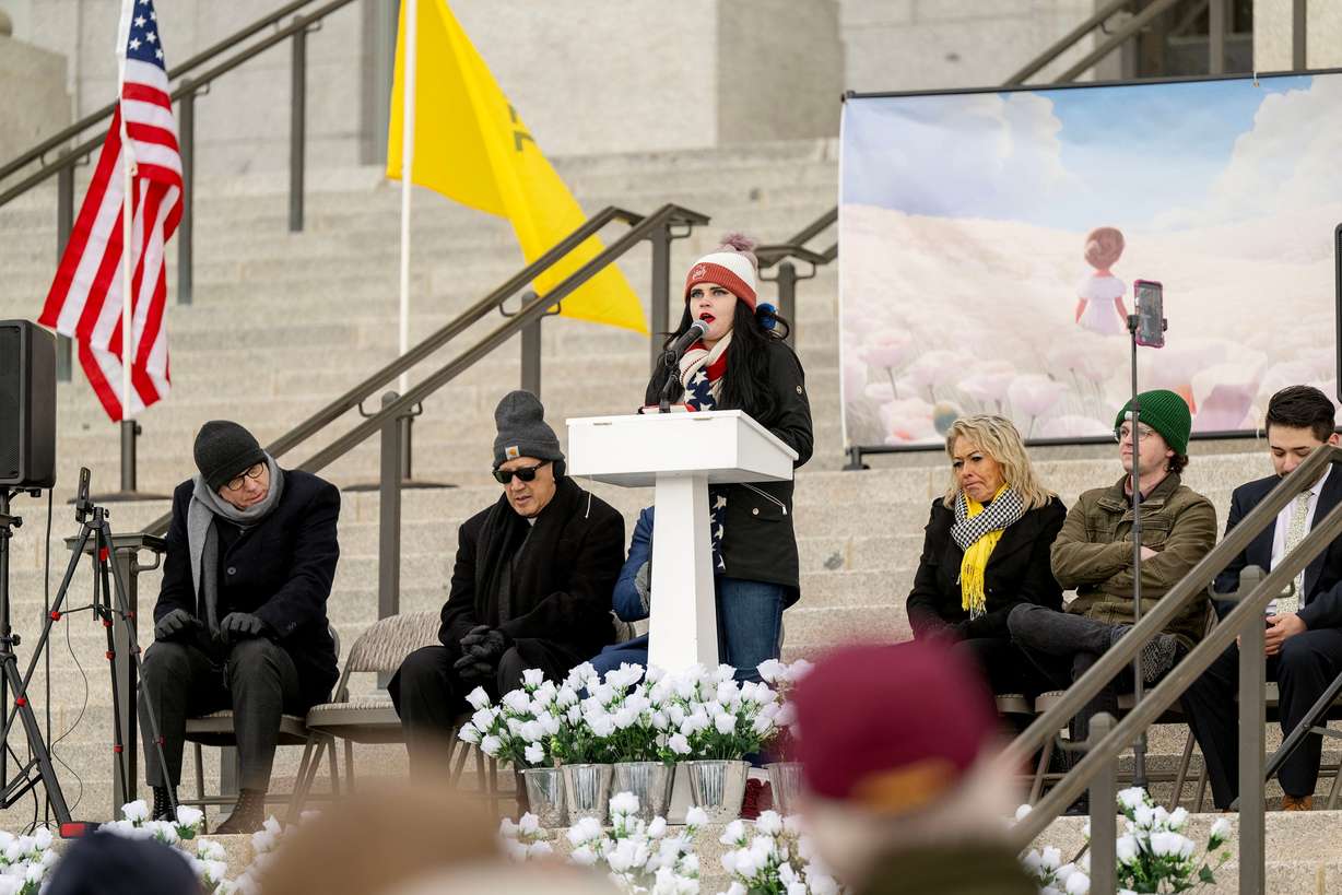 Sarah Clark gives the keynote address during a March for Life event at the Capitol in Salt Lake City on Saturday. The event came four months before oral arguments in Utah's long legal battle over abortion.