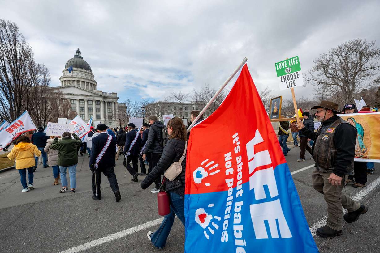 Attendees take part in a March for Life event at the Capitol in Salt Lake City, on Saturday. About 500 Utahns participated in the march.