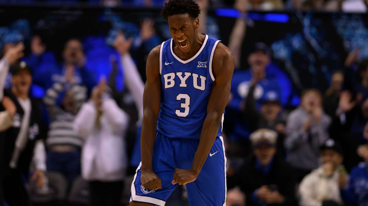 BYU forward AJ Dybantsa reacts to scoring a career high and new freshman record at BYU during the second half of an NCAA college basketball game against Utah, Saturday, Jan. 24, 2026, in Provo, Utah.