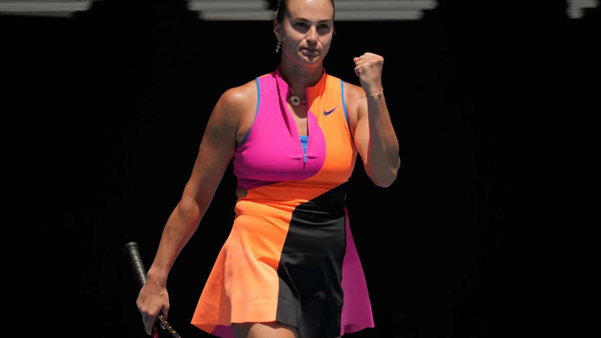Aryna Sabalenka of Belarus reacts after defeating Victoria Mboko of Canada in their fourth round match at the Australian Open tennis championship in Melbourne, Australia, Sunday, Jan. 25, 2026.