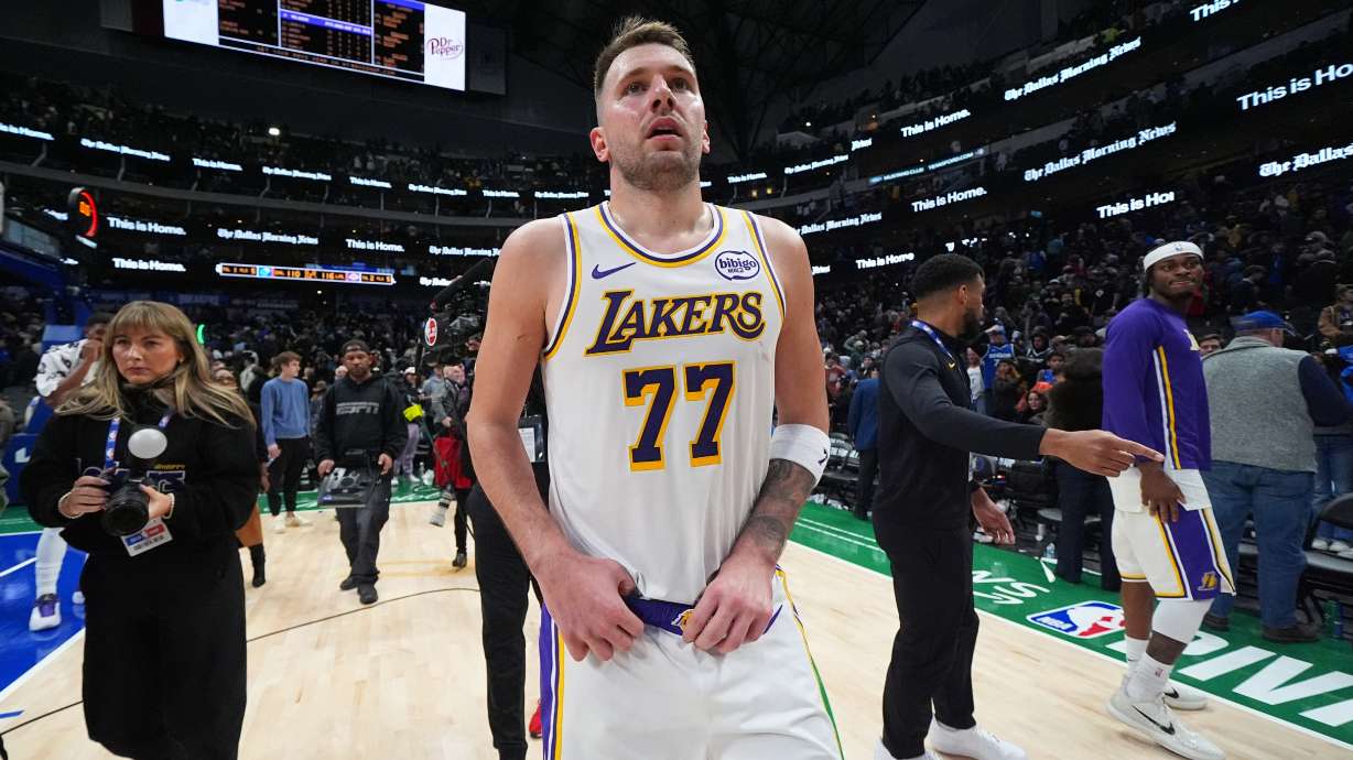 Los Angeles Lakers guard Luka Doncic looks on following an NBA basketball game against the Dallas Mavericks Saturday, Jan. 24, 2026, in Dallas.