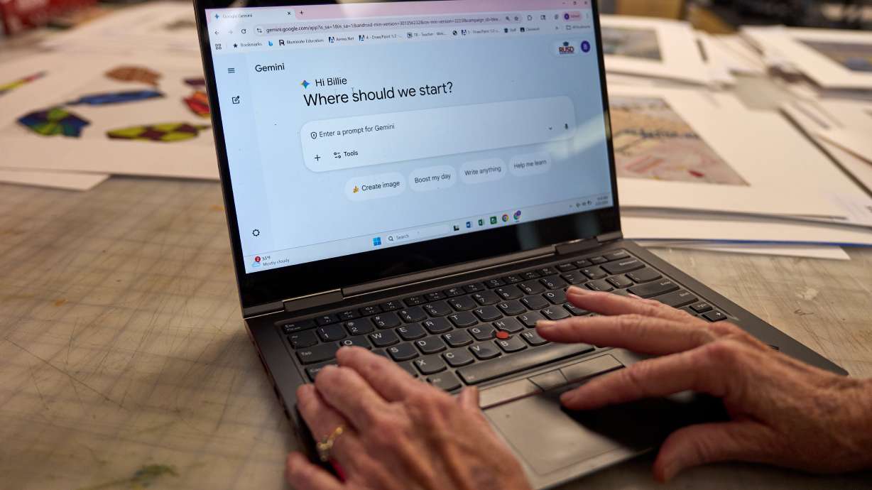 Art teacher Joyce Hatzidakis uses the AI tool Google Gemini in her high school classroom on Jan. 22 in Riverside, California. As Google Gemini moves into Utah schools, districts are taking different approaches to student access.