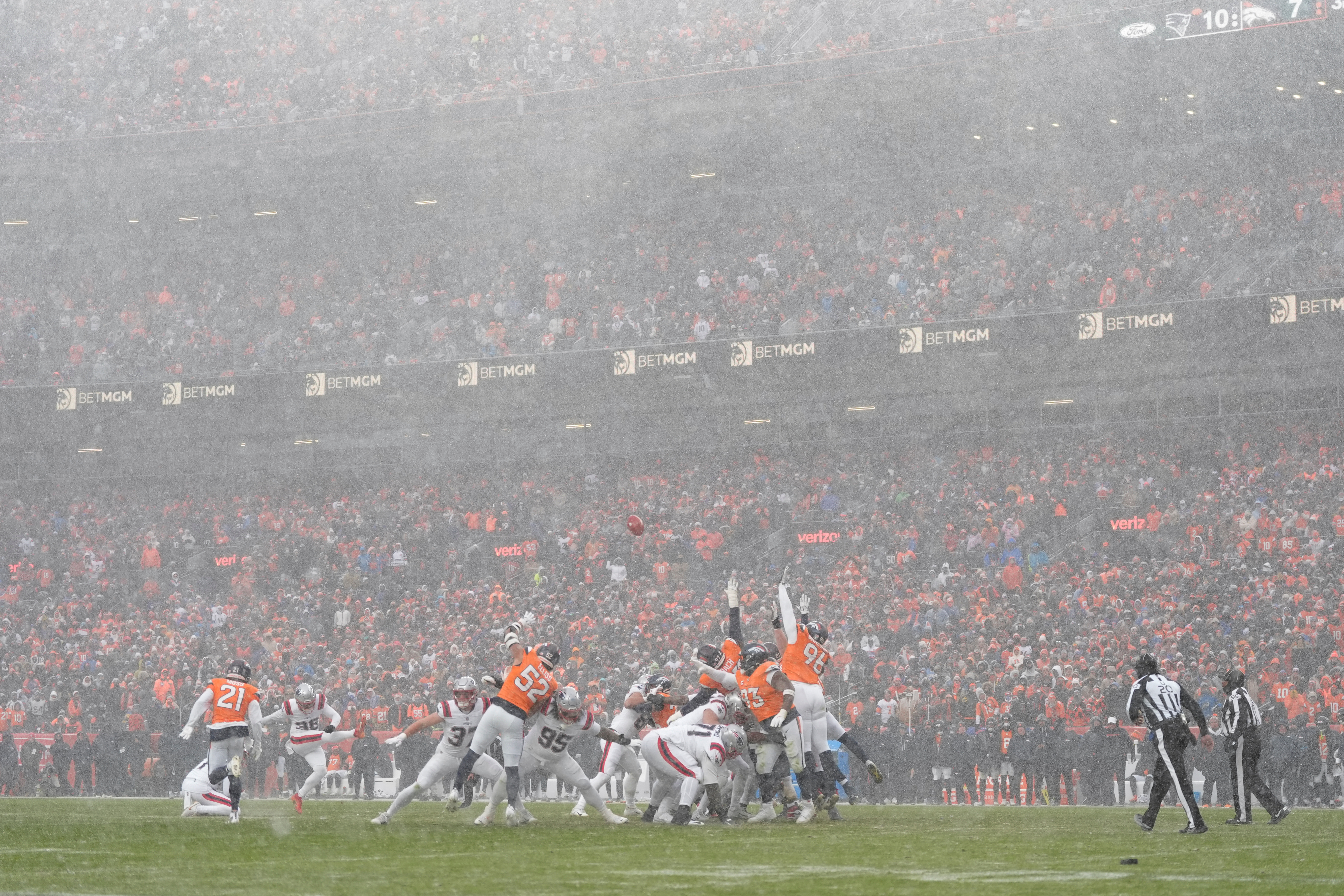 New England Patriots kicker Andy Borregales (36) misses a field goal against the Denver Broncos during the second half of the AFC Championship NFL football game, Sunday, Jan. 25, 2026, in Denver. 