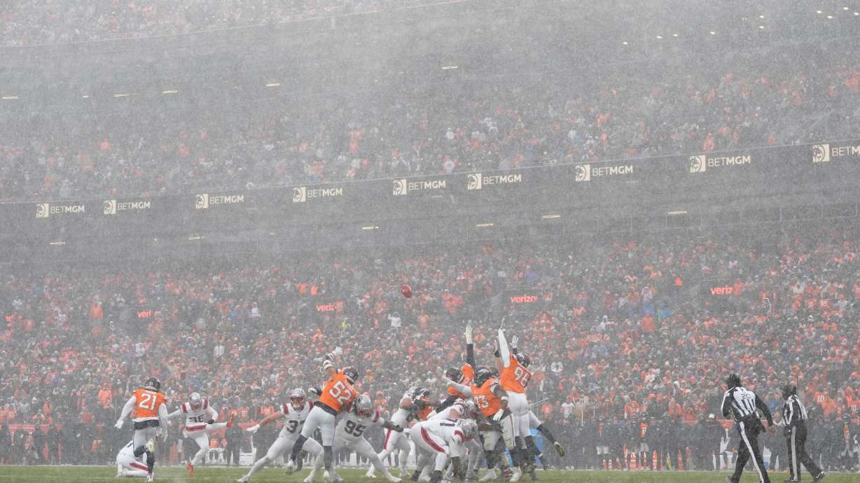 New England Patriots kicker Andy Borregales (36) misses a field goal against the Denver Broncos during the second half of the AFC Championship NFL football game, Sunday, Jan. 25, 2026, in Denver.