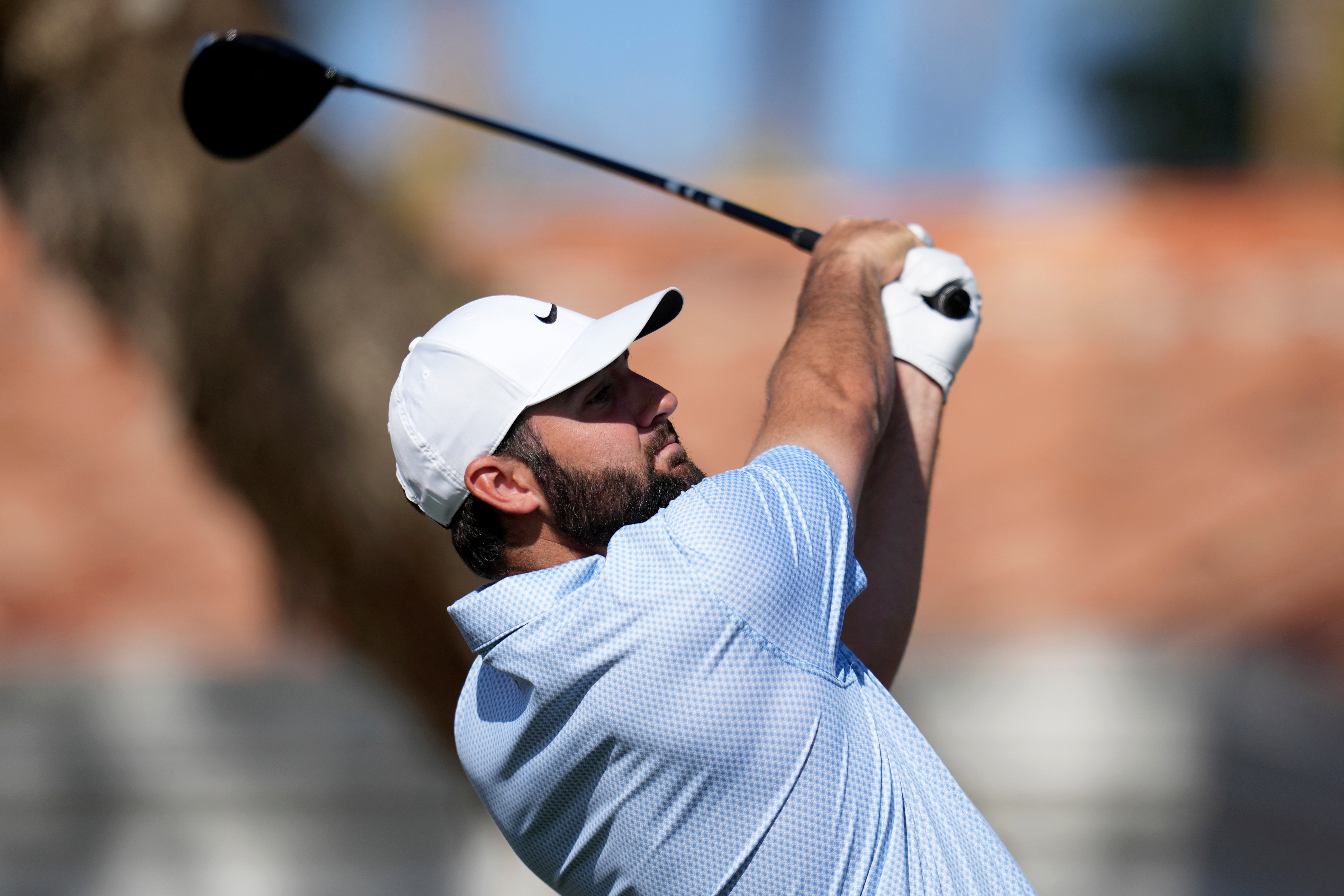 Scottie Scheffler hits his tee shot at the fifth hole during the final round of the American Express golf event on the Pete Dye Stadium Course at PGA West Sunday, Jan. 25, 2026, in La Quinta, Calif. 