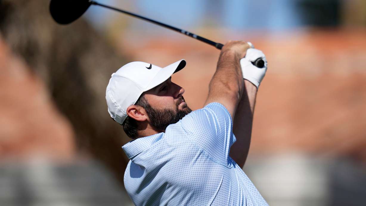 Scottie Scheffler hits his tee shot at the fifth hole during the final round of the American Express golf event on the Pete Dye Stadium Course at PGA West Sunday, Jan. 25, 2026, in La Quinta, Calif.