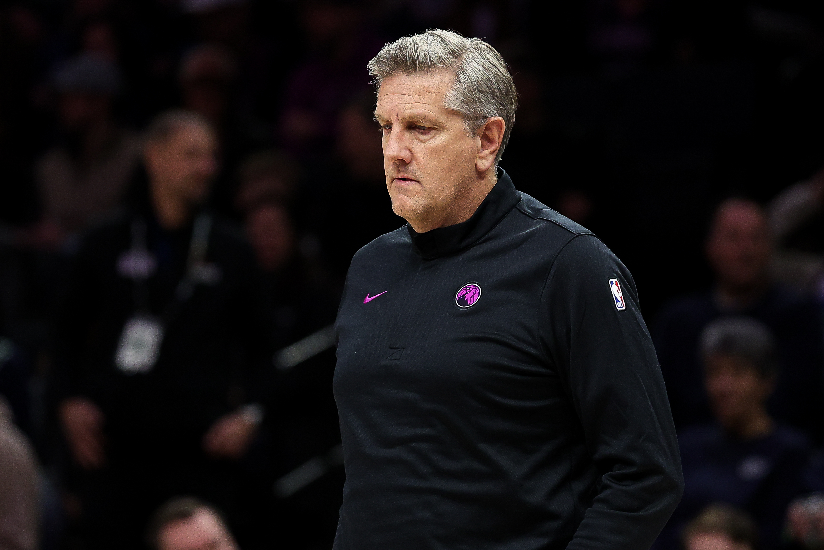 Minnesota Timberwolves head coach Chris Finch looks on during the first half of an NBA basketball game against the Golden State Warriors, Sunday, Jan. 25, 2026, in Minneapolis. 