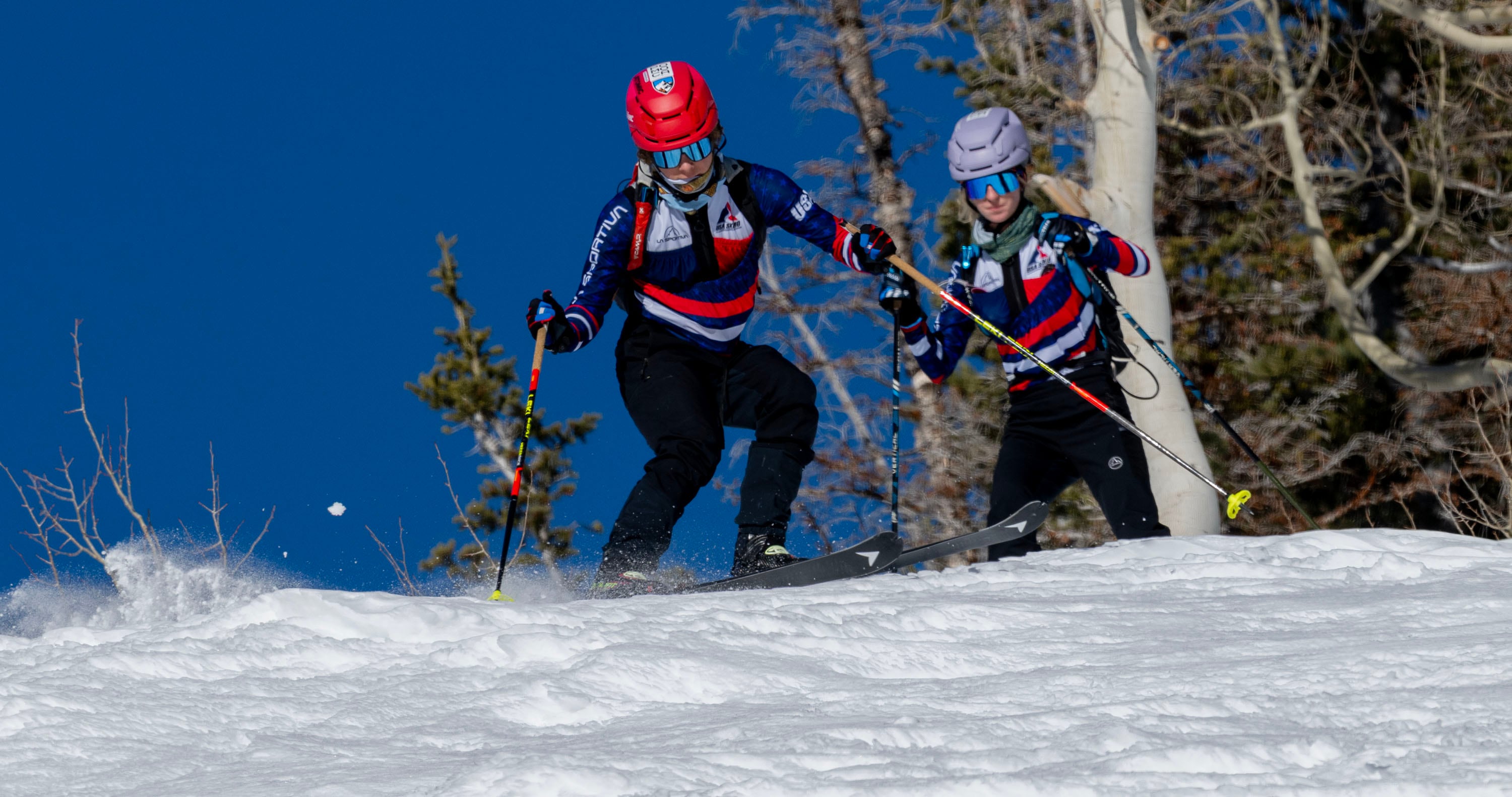 Skimo athletes Landon Jakob and McCall Birkinshaw begin a descent as they demonstrate the relatively new sport during a short workout in Alta on Tuesday.