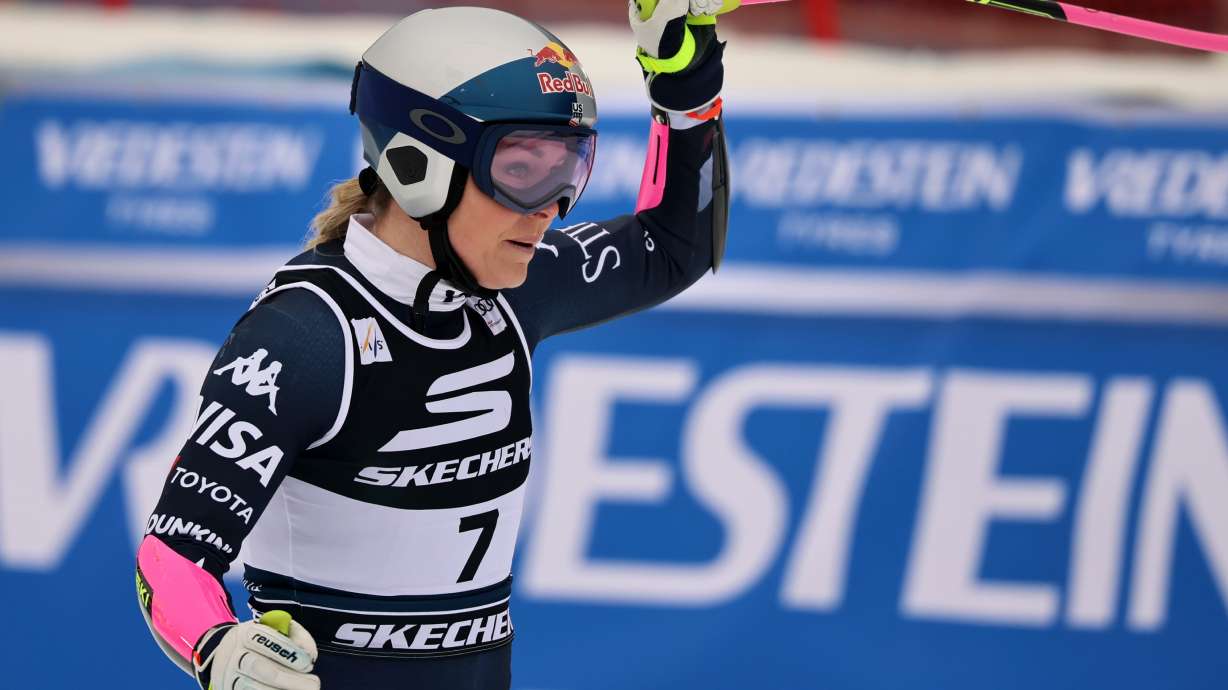 United States' Lindsey Vonn celebrates at the finish area of an alpine ski, women's World Cup Super G, in Tarvisio, Italy, Sunday, Jan. 18, 2026.