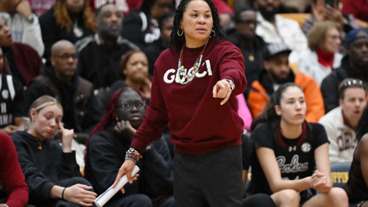 South Carolina coach Dawn Staley calls to her team against Coppin State during the second half of an NCAA college basketball game Sunday, Jan. 18, 2026, in Baltimore.