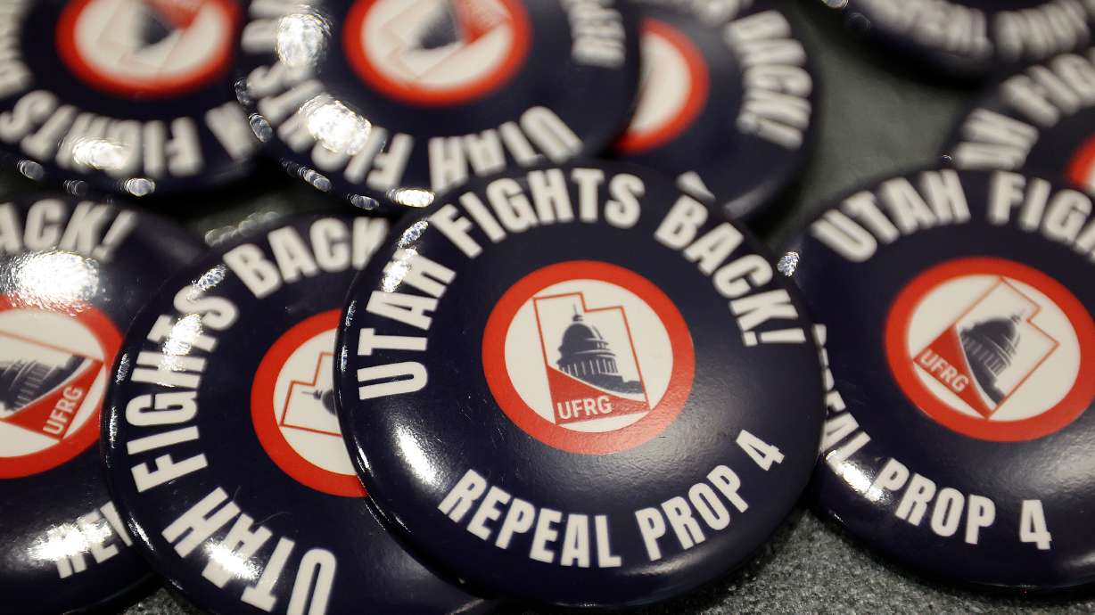 Pins that read "Utah Fights Back!" at the Weber County Fights Back Rally on Jan. 16. A majority of Utahns — including 55% of Republicans — support the anti-gerrymandering law known as Proposition 4, according to new polling released Monday.