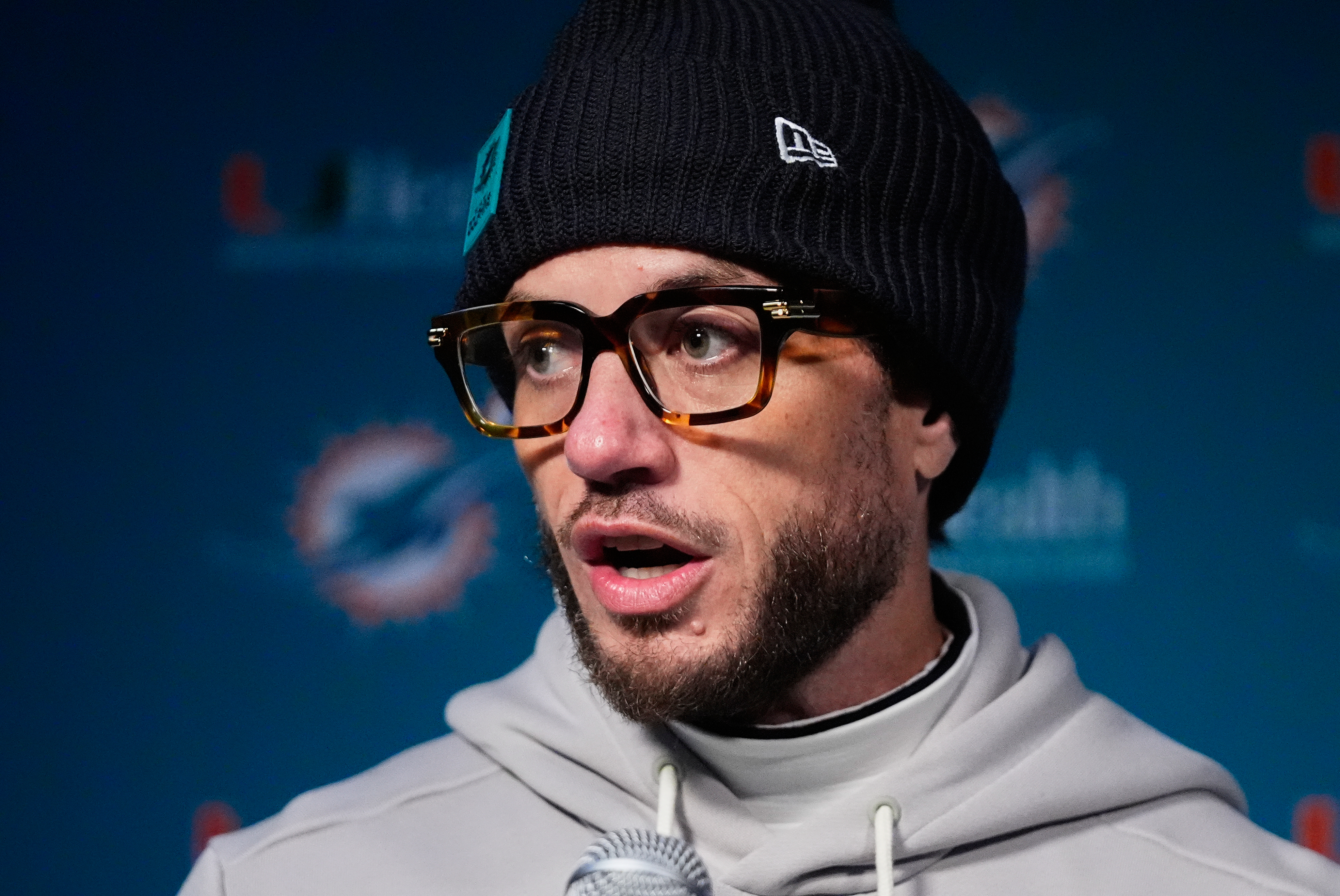 Miami Dolphins head coach Mike McDaniel speaks in a news conference after an NFL football game against the New England Patriots in Foxborough, Mass., Sunday, Jan. 4, 2026. 
