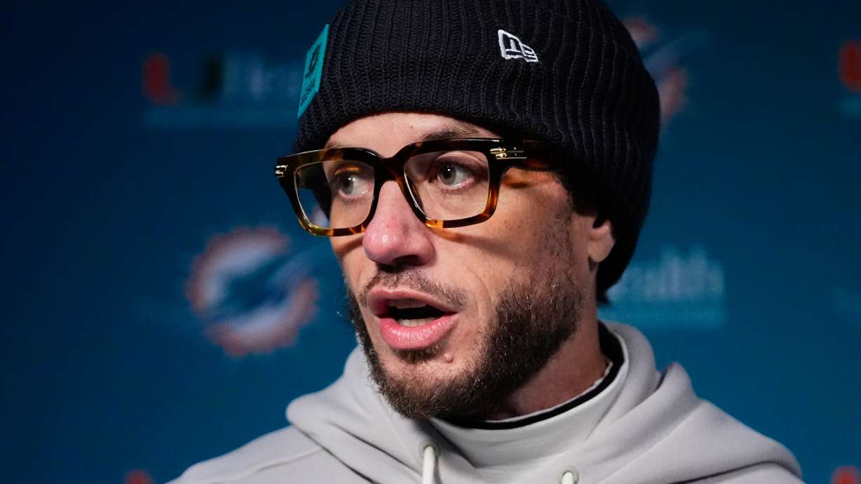 Miami Dolphins head coach Mike McDaniel speaks in a news conference after an NFL football game against the New England Patriots in Foxborough, Mass., Sunday, Jan. 4, 2026.
