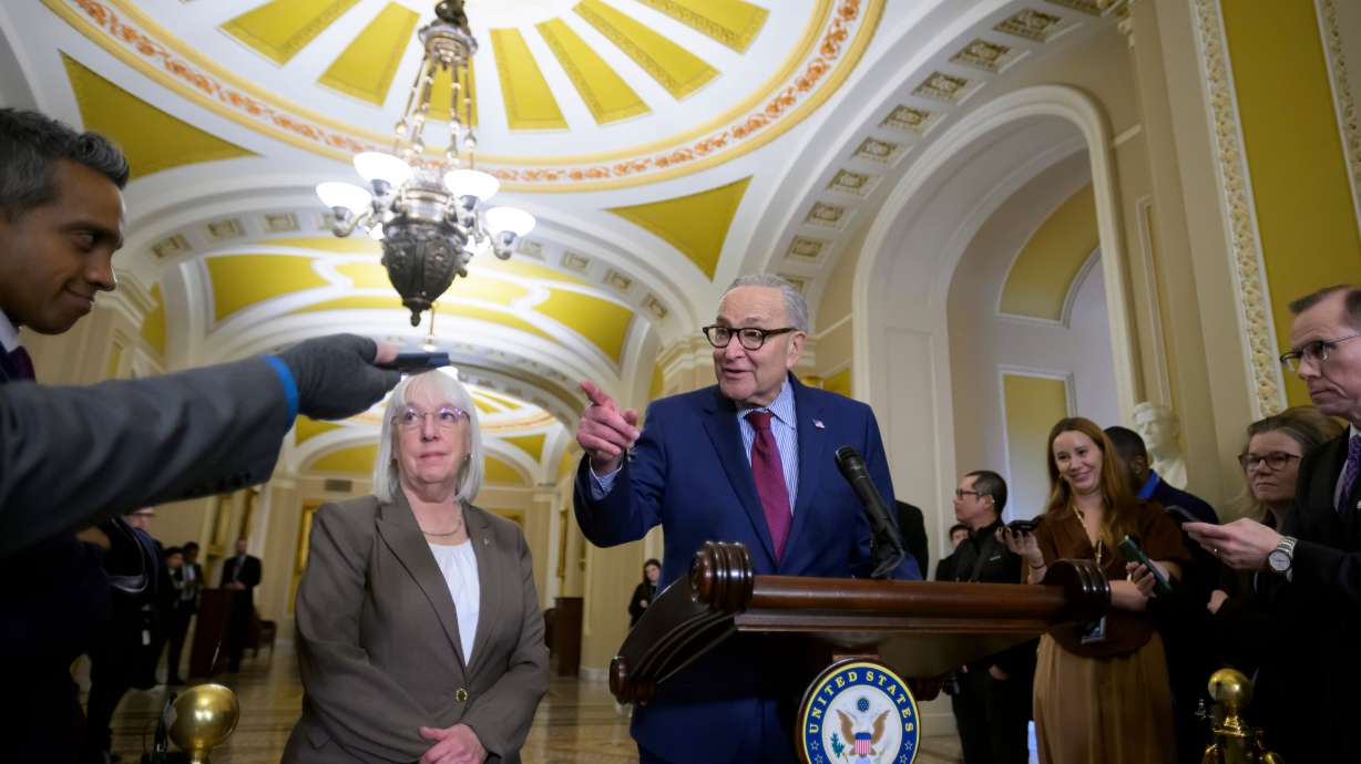 Senate Minority Leader Chuck Schumer, D-N.Y., right, is joined by Sen. Patty Murray, D-Wash., during the Senate Democrat policy luncheon news conference at the Capitol, Jan. 13, in Washington.