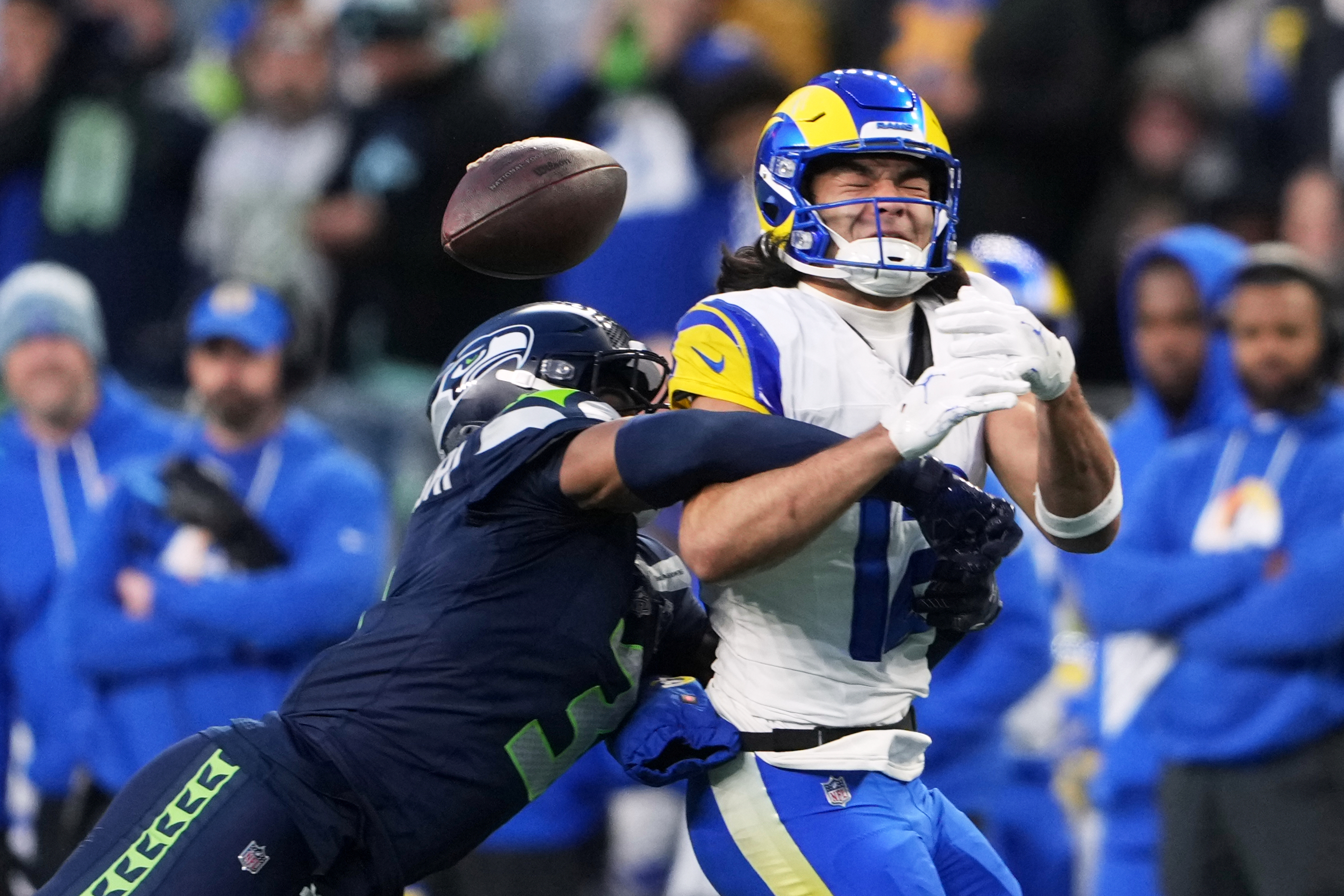 Seattle Seahawks safety Nick Emmanwori, left, breaks up a pass intended for Los Angeles Rams wide receiver Puka Nacua (12) during the first half of the NFC Championship NFL football game Sunday, Jan. 25, 2026, in Seattle. 
