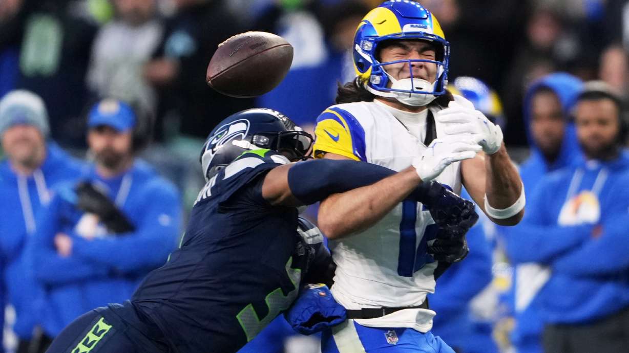 Seattle Seahawks safety Nick Emmanwori, left, breaks up a pass intended for Los Angeles Rams wide receiver Puka Nacua (12) during the first half of the NFC Championship NFL football game Sunday, Jan. 25, 2026, in Seattle.