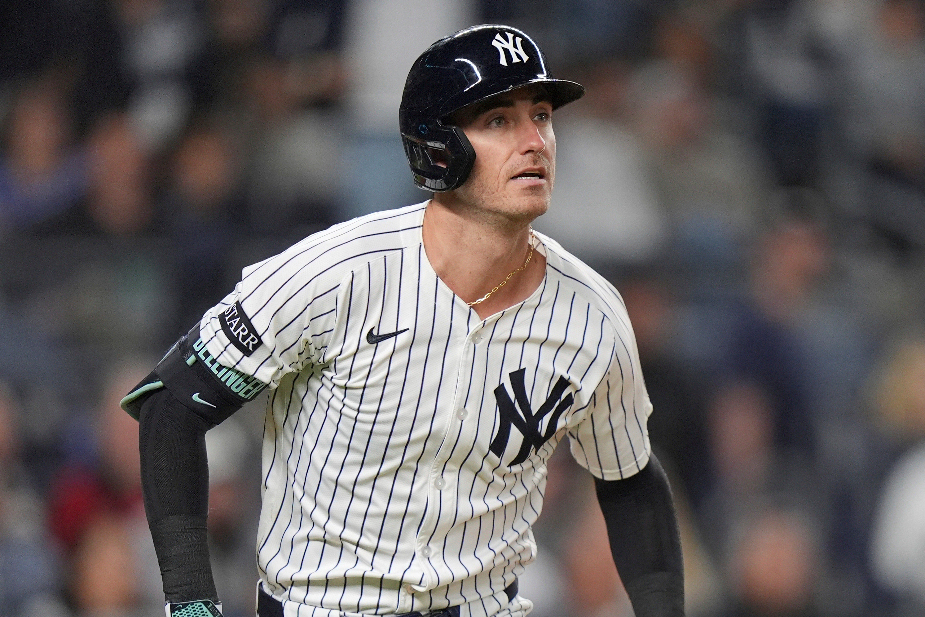 FILE - New York Yankees' Cody Bellinger runs the bases after hitting a home run during the fourth inning of a baseball game against the Detroit Tigers Tuesday, Sept. 9, 2025, in New York. 