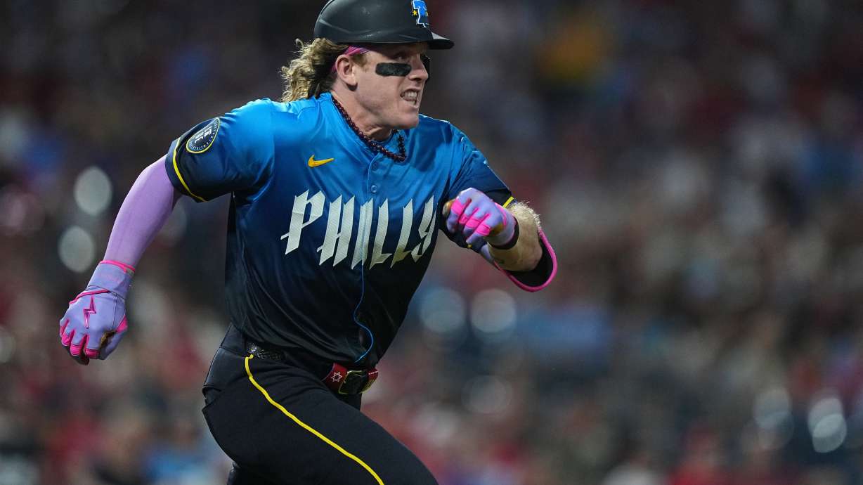 FILE - Philadelphia Phillies' Harrison Bader runs during a baseball game Sept. 26, 2025, in Philadelphia.