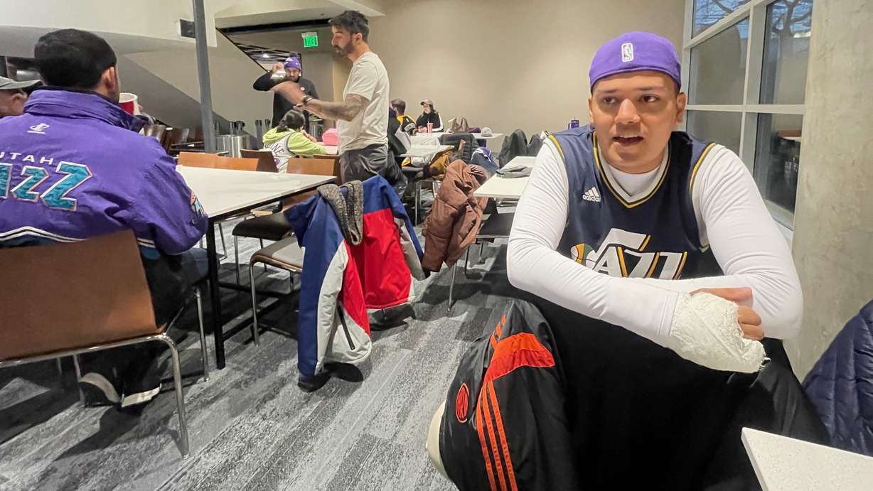 Francisco Di Teodoro Castillo, part of the contingent of Utah Jazz fans that came from South America to see the basketball team in action, is pictured at the Delta Center in Salt Lake Center before the Jazz's game on Saturday, Jan. 24, 2026.