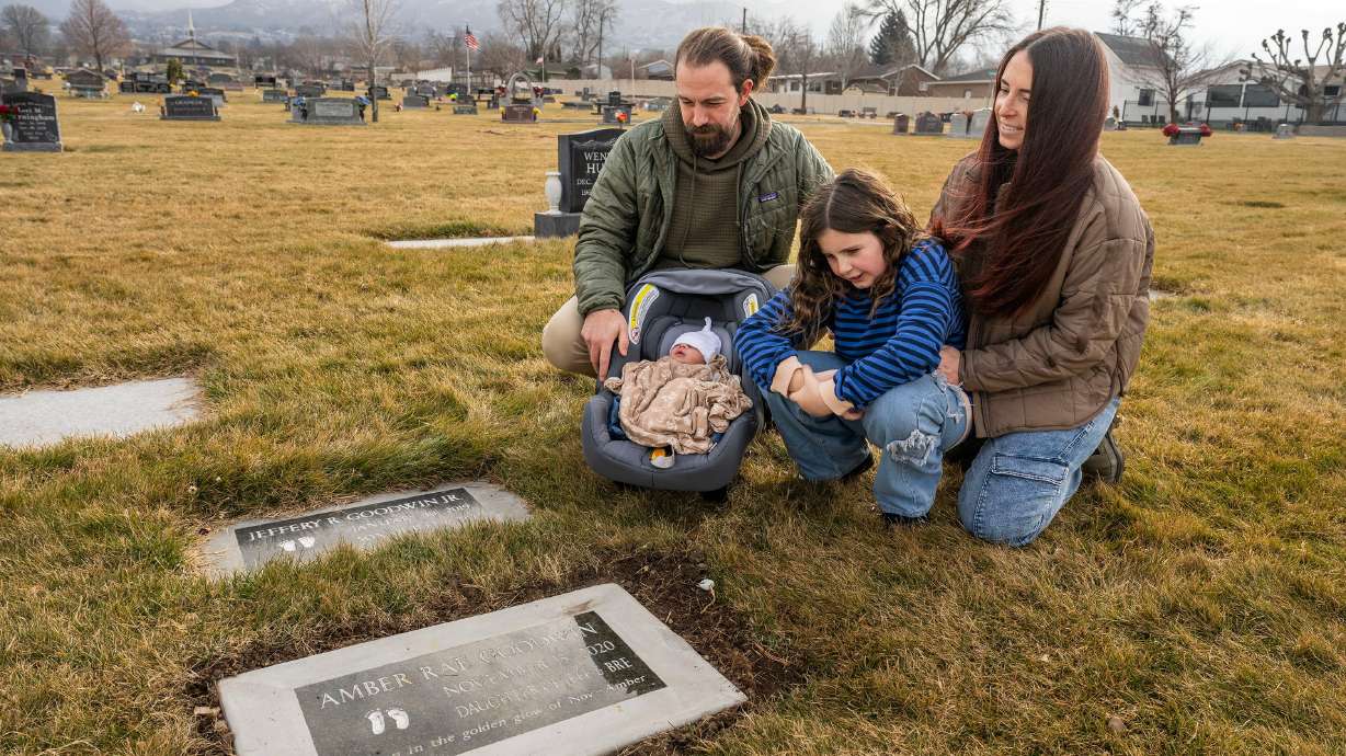 Jeff Goodwin, Bre Goodwin, their daughter Murphy Goodwin, and newborn son Vincent Golden Goodwin in Bountiful on Saturday. The Goodwins lost two babies, son JR (or Little Jeff) Goodwin (January 2019) and daughter Amber Rae Goodwin (November 2020), within hours of their births, after both were born with no kidneys. They were told it wouldn't happen twice.