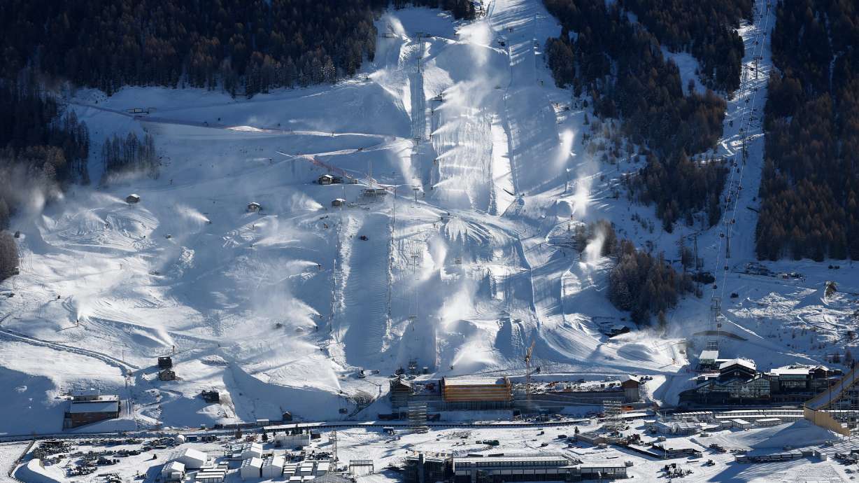 FILE - This photo shows the snowboarding and freestyle skiing events which will take place during the upcoming Milan Cortina Winter Olympics in Livigno, Italy, Saturday, Dec. 27, 2025.