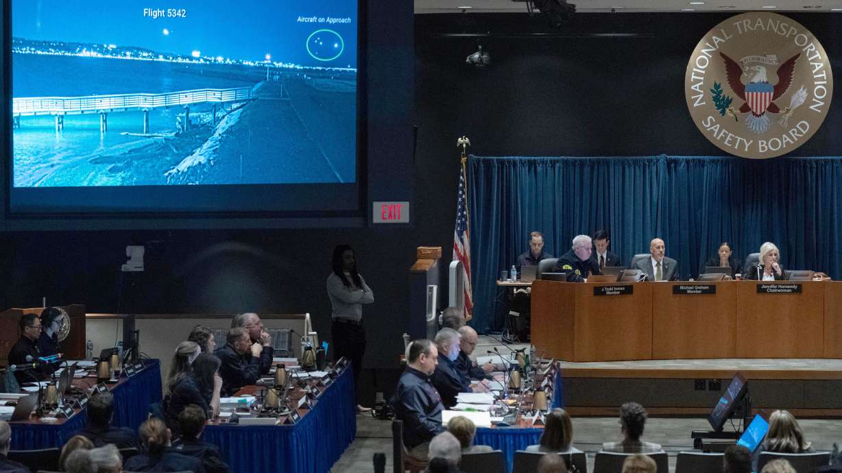 National Transportation Safety Board Chairwoman Jennifer Homendy presides at the hearing on the January 2025 DCA midair collision accident, at the NTSB boardroom in Washington, Tuesday. An investigator said air traffic control had a large workload at the time of the collision.