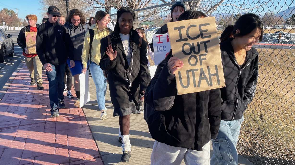 Students at Bingham High School in South Jordan walked out and demonstrated against the federal immigration crackdown on Tuesday.