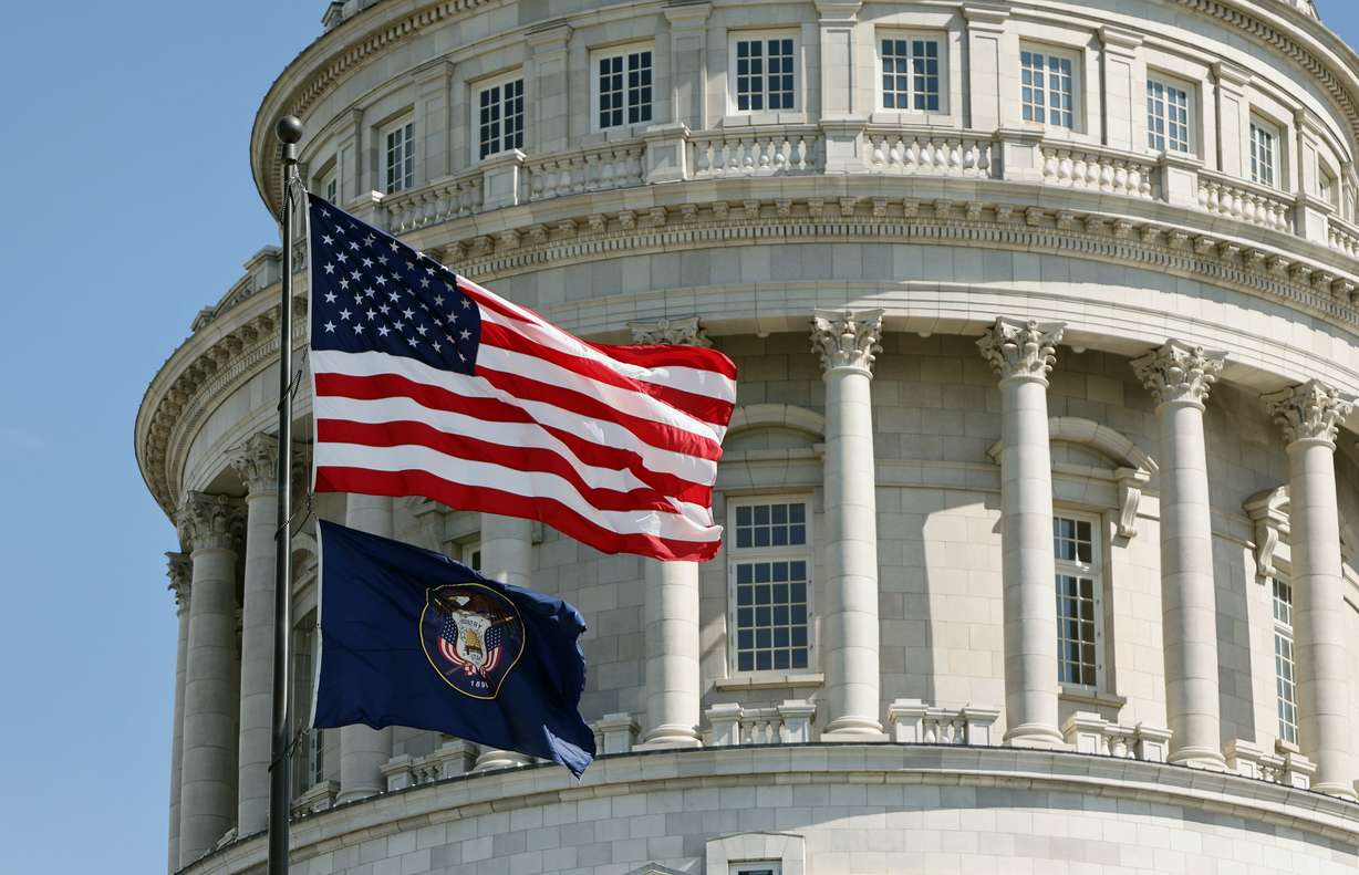 The American flag and the old state flag fly at the Capitol in Salt Lake City on May 16, 2023. The Legislature passed 18 bills with federalism principles last session.