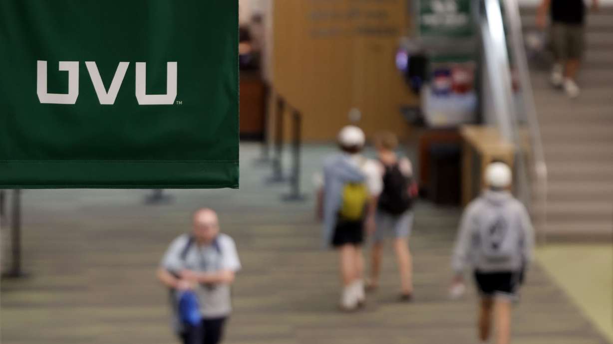 Students at Utah Valley University in Orem on April 10, 2025. Utah Valley University has launched the Fast Track 1-2-3 program to help students complete workforce-ready degrees in as little as one to three years.