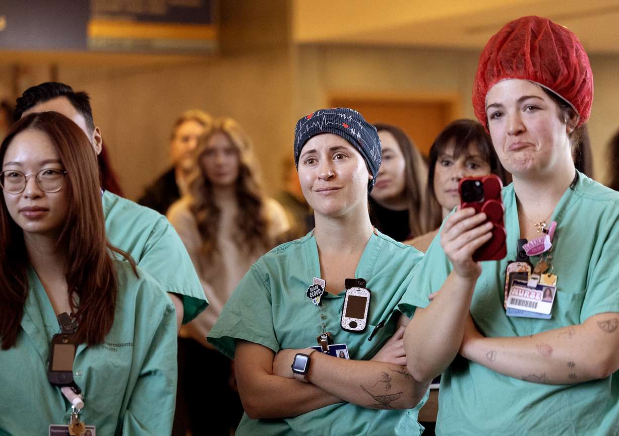 Health care staff members listen as a transplant patient thanks them at Intermountain Medical Center in Murray on Tuesday. For the first time in Utah medical history, the Intermountain Health Transplant Program successfully performed more than 500 organ transplants in 2025.