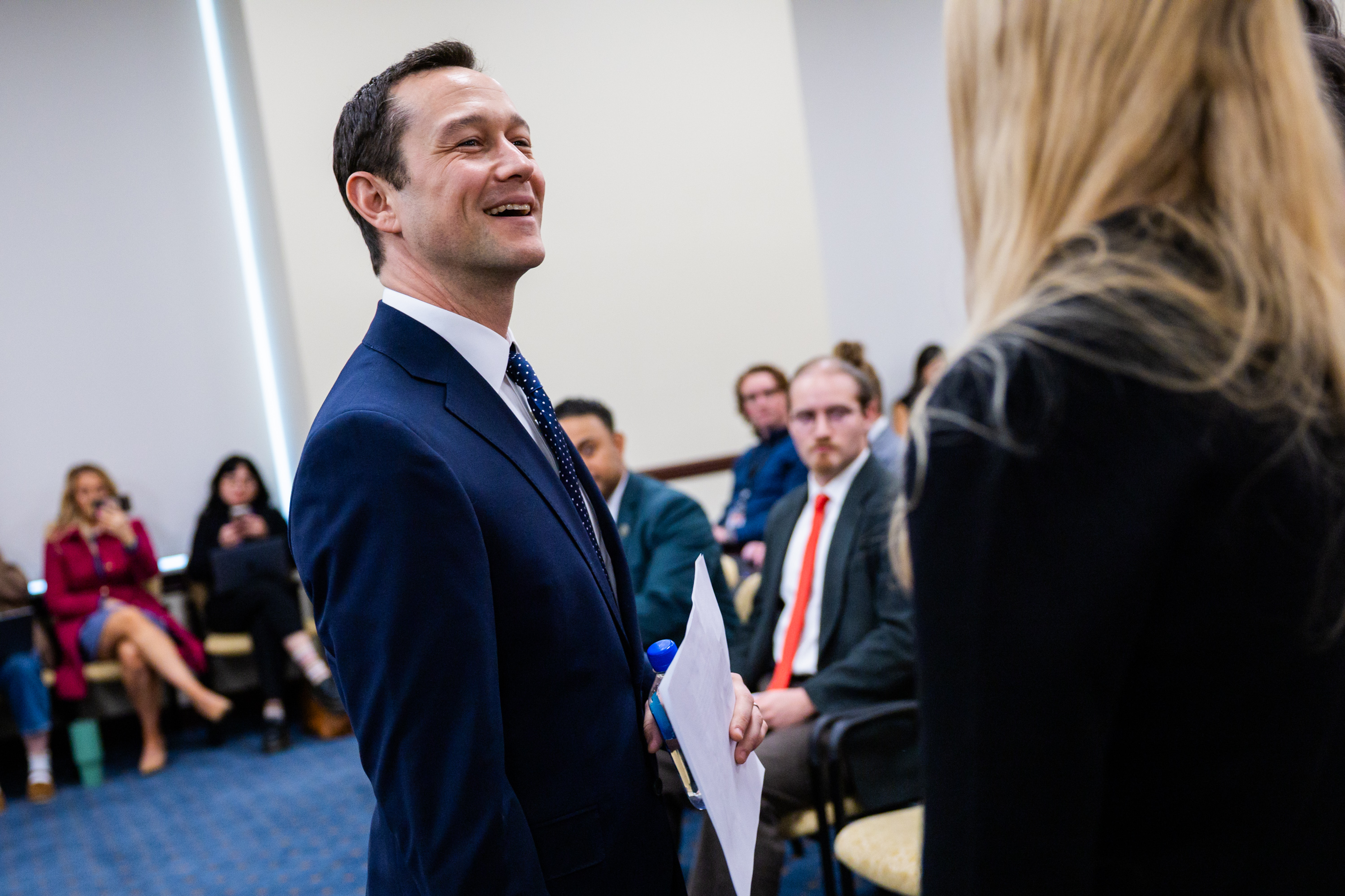 Actor Joseph Gordon-Levitt, left, speaks at the Capitol in Salt Lake City on Tuesday.