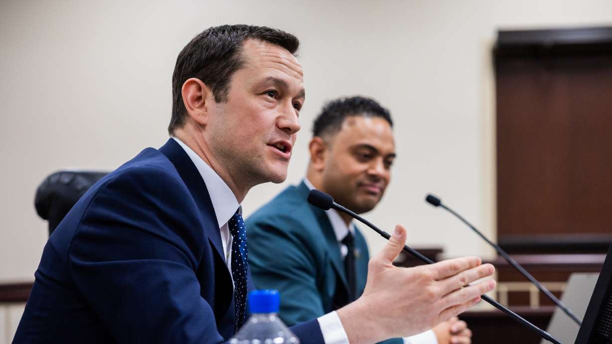 Actor and AI-regulation activist Joseph Gordon-Levitt offers testimony in favor of HB286 during a hearing for the bill in the Senate Building at the Capitol in Salt Lake City on Tuesday. Rep. Doug Fiefia, R-Herriman, sponsor of HB286, sits to his right.