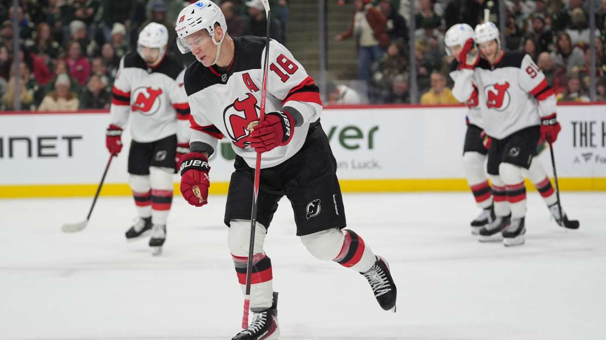 New Jersey Devils left wing Ondrej Palat (18) skates after scoring during the second period of an NHL hockey game against the Minnesota Wild, Monday, Jan. 12, 2026, in St. Paul, Minn.