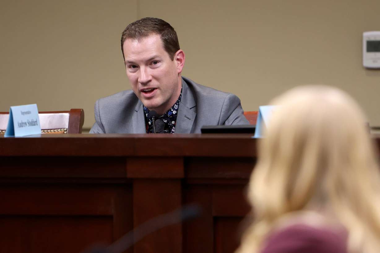 Rep. Andrew Stoddard raises his concerns about HB226 Criminal Amendments with the bill sponsor Rep. Candice Pierucci during a House Law Enforcement and Criminal Justice Standing Committee meeting in the House building in Salt Lake City on Feb. 3, 2025.