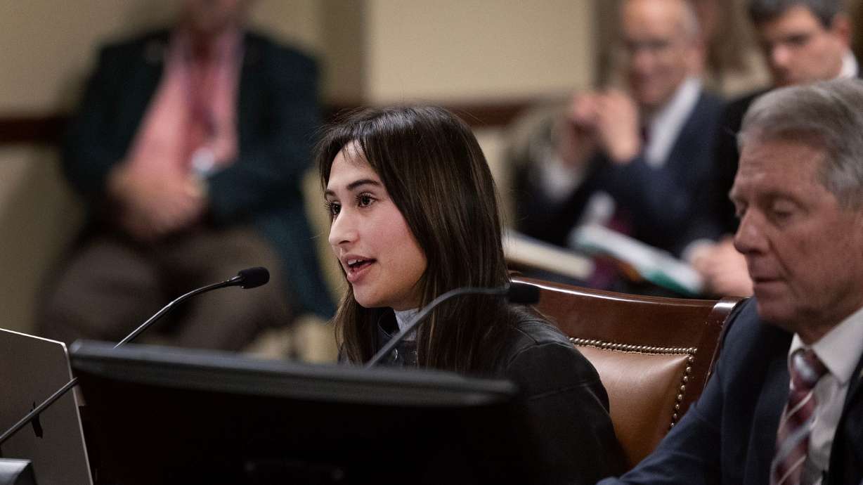 Chloe Cole speaks on behalf of HB174 at the Capitol in Salt Lake City on Tuesday. The bill, sponsored by Rep. Rex Shipp, R-Cedar City, right, would permanently prohibit health care providers from prescribing hormonal transgender treatment to minors.
