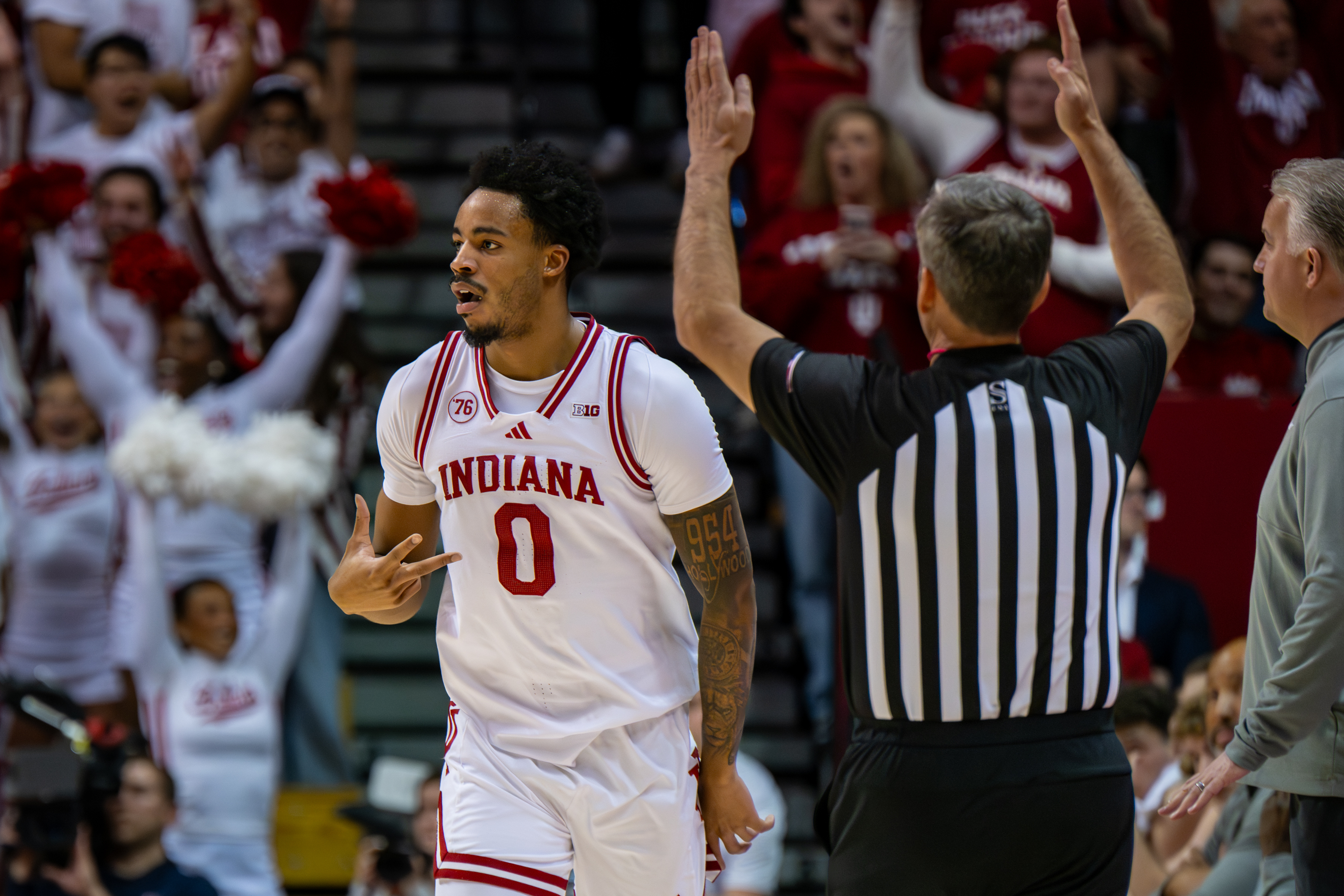 Indiana guard Jasai Miles (0) reacts after scoring during the first half of an NCAA college basketball game against Purdue, Tuesday, Jan. 27, 2026, in Bloomington, Ind. 