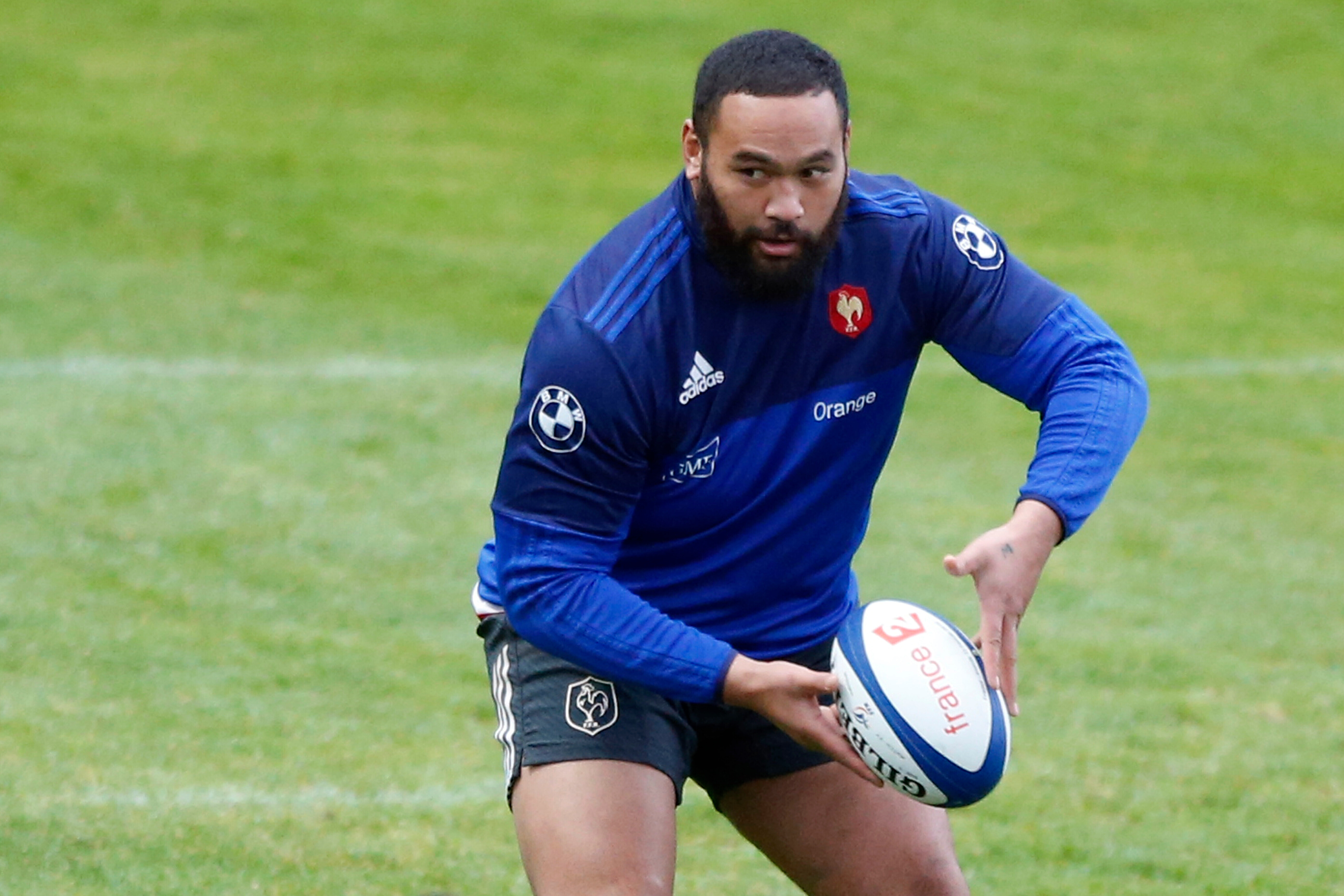 FILE -France's rugby player Uini Atonio attends a training session at the National Rugby Center in Marcoussis, south of Paris, Feb. 23, 2016. 