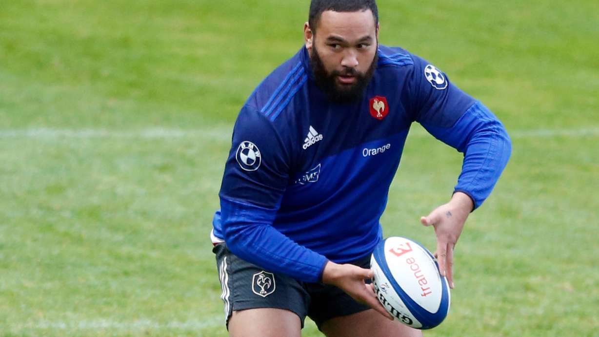 FILE -France's rugby player Uini Atonio attends a training session at the National Rugby Center in Marcoussis, south of Paris, Feb. 23, 2016.