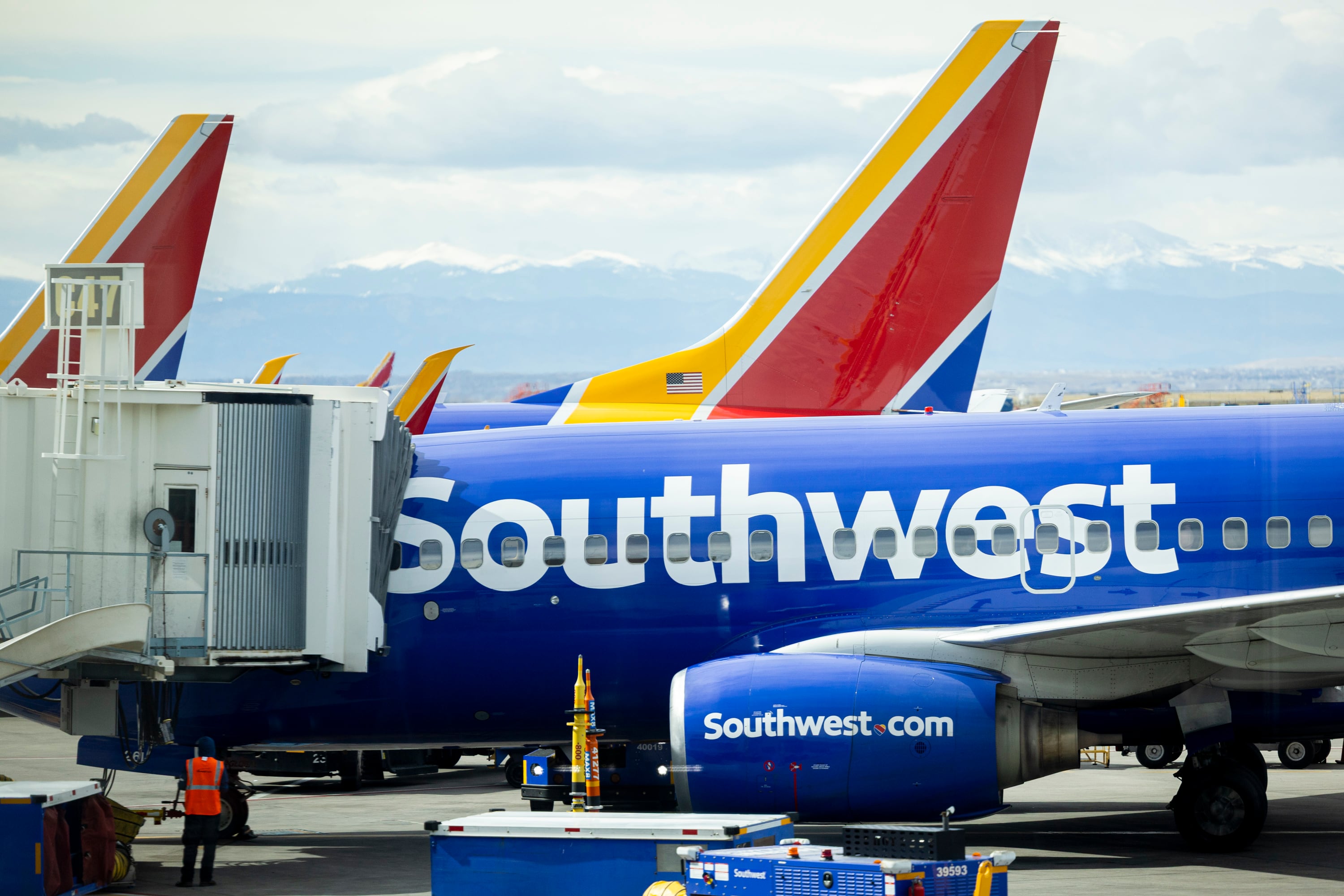 Southwest Airlines planes at the Denver International Airport in Denver, Colo., on March 23. The airline implemented a new assigned seating model on Tuesday.